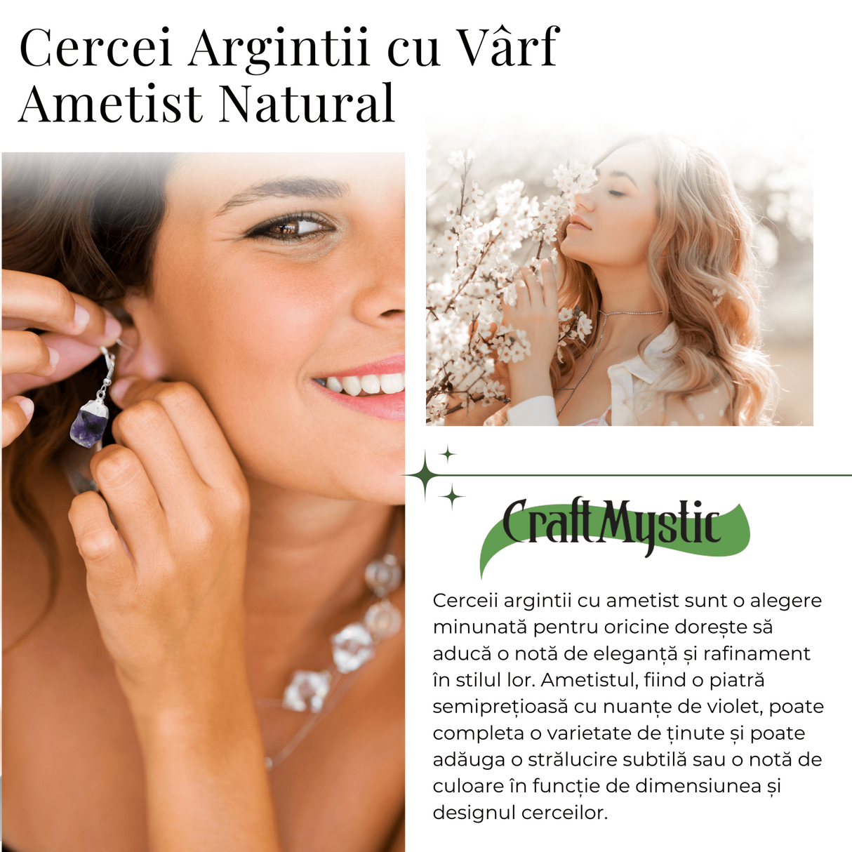 Cercei Argintii cu Varf de Ametist Natural 15-20mm