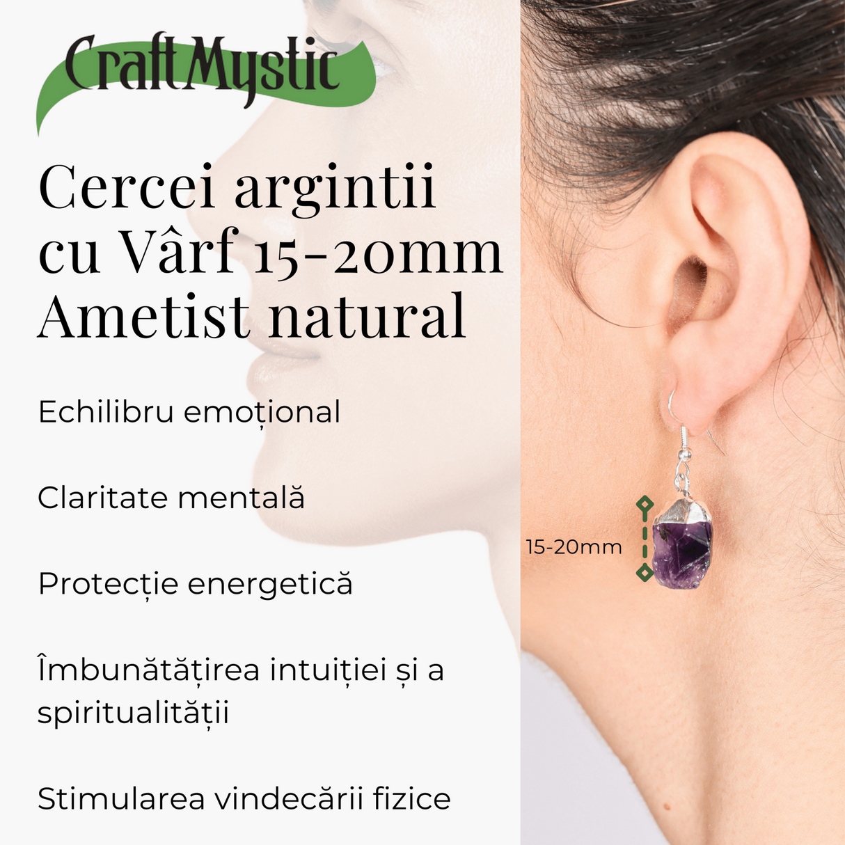 Cercei Argintii cu Varf de Ametist Natural 15-20mm