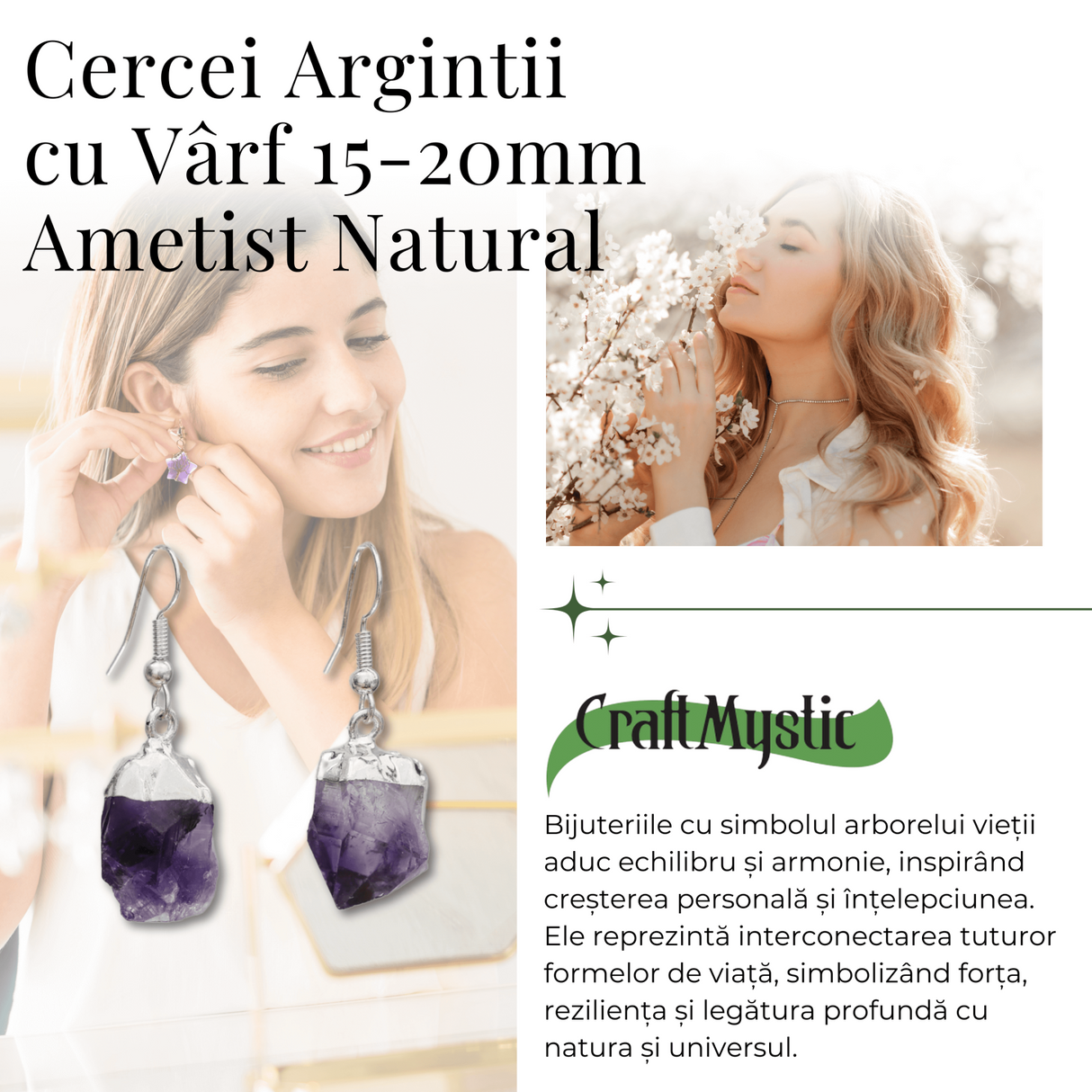 Cercei Argintii cu Varf de Ametist Natural 15-20mm