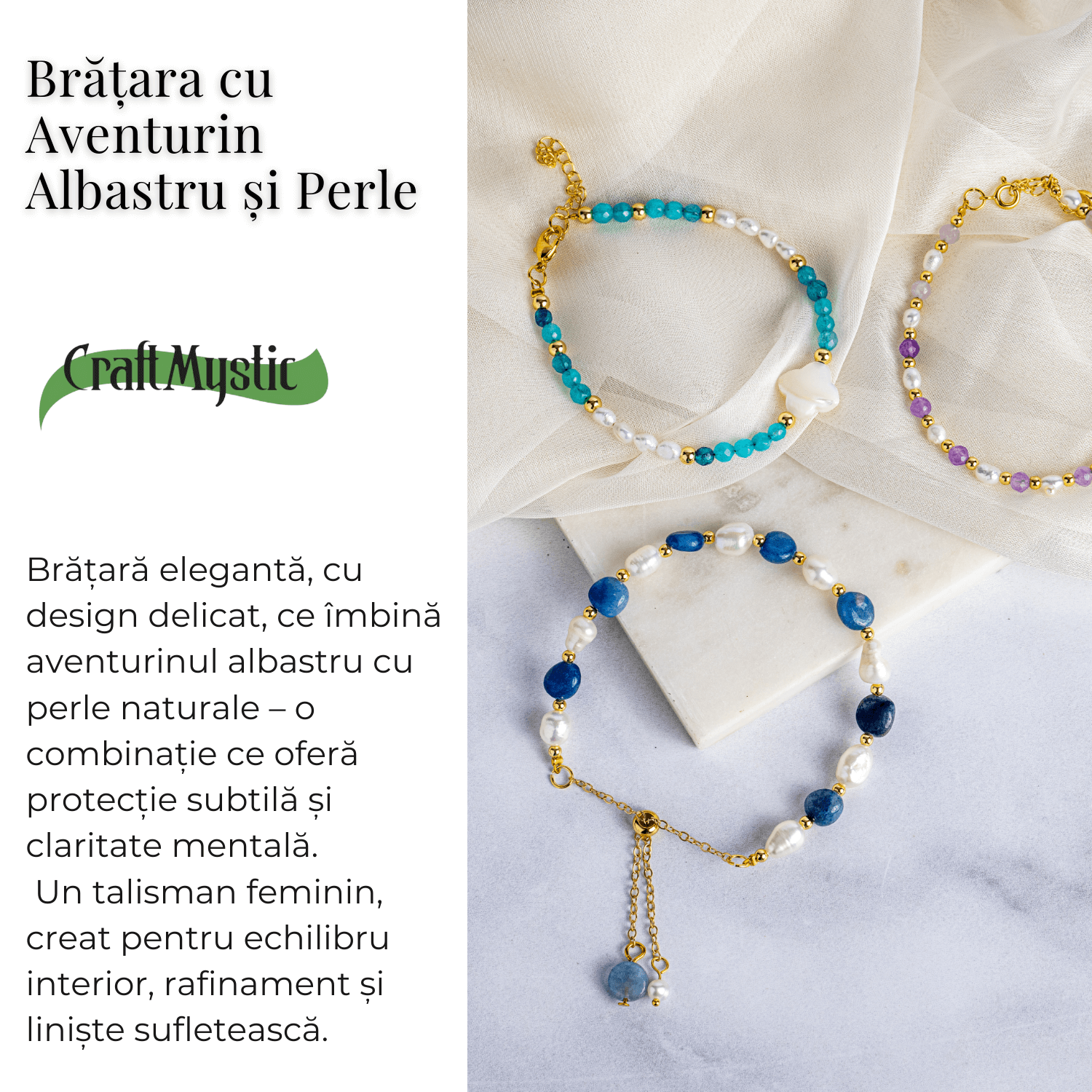 Protectie si claritate – Bratara cu aventurin albastru si perle