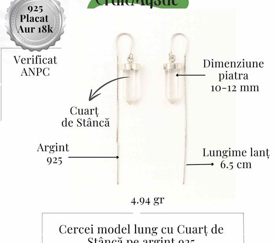 Claritate mentala si purificare – Cercei lungi din argint 925 cu Cuart de Stanca natural