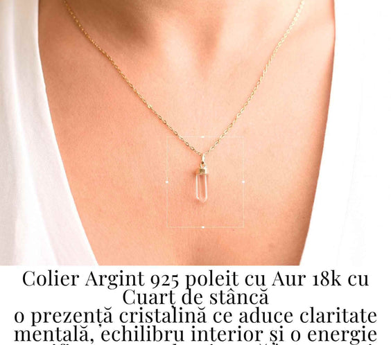 Claritate Mentala si Purificare – Colier din Argint 925 Placat cu Aur 18K cu Cuart de Stanca
