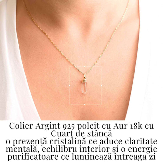 Claritate Mentala si Purificare – Colier din Argint 925 Placat cu Aur 18K cu Cuart de Stanca