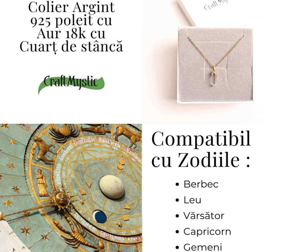 Claritate Mentala si Purificare – Colier din Argint 925 Placat cu Aur 18K cu Cuart de Stanca