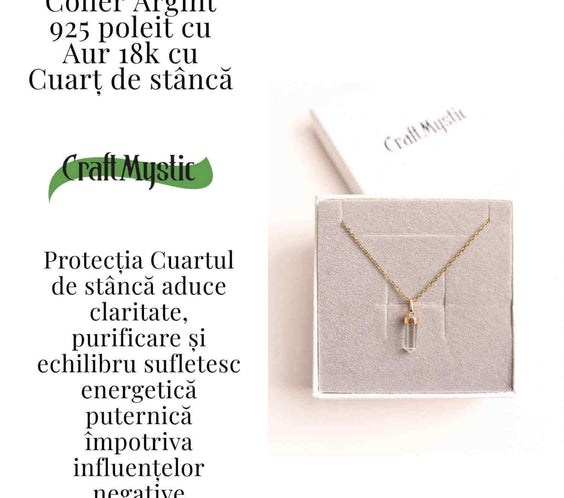 Claritate Mentala si Purificare – Colier din Argint 925 Placat cu Aur 18K cu Cuart de Stanca
