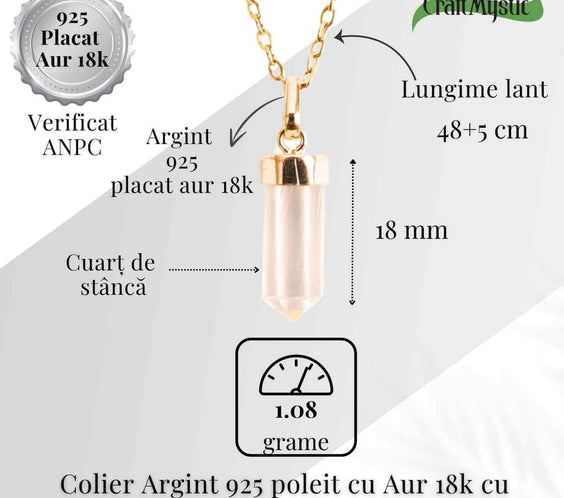 Claritate Mentala si Purificare – Colier din Argint 925 Placat cu Aur 18K cu Cuart de Stanca
