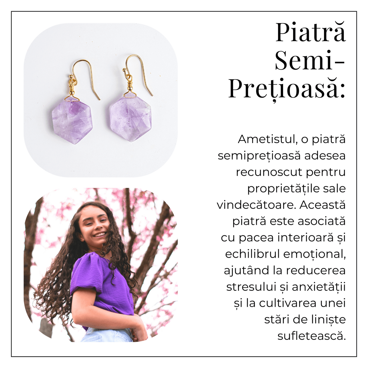 Claritate si Liniste – Cercei cu Ametist Hexagonal