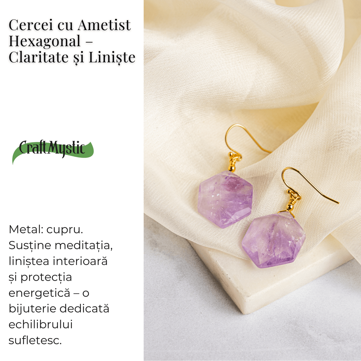 Claritate si Liniste – Cercei cu Ametist Hexagonal