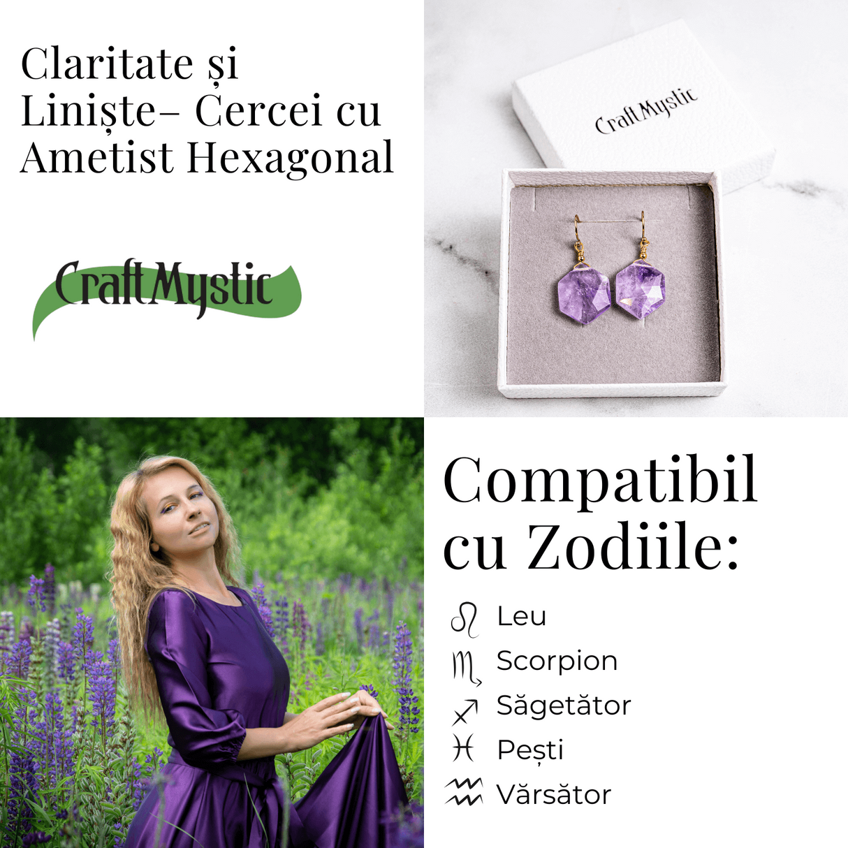 Claritate si Liniste – Cercei cu Ametist Hexagonal
