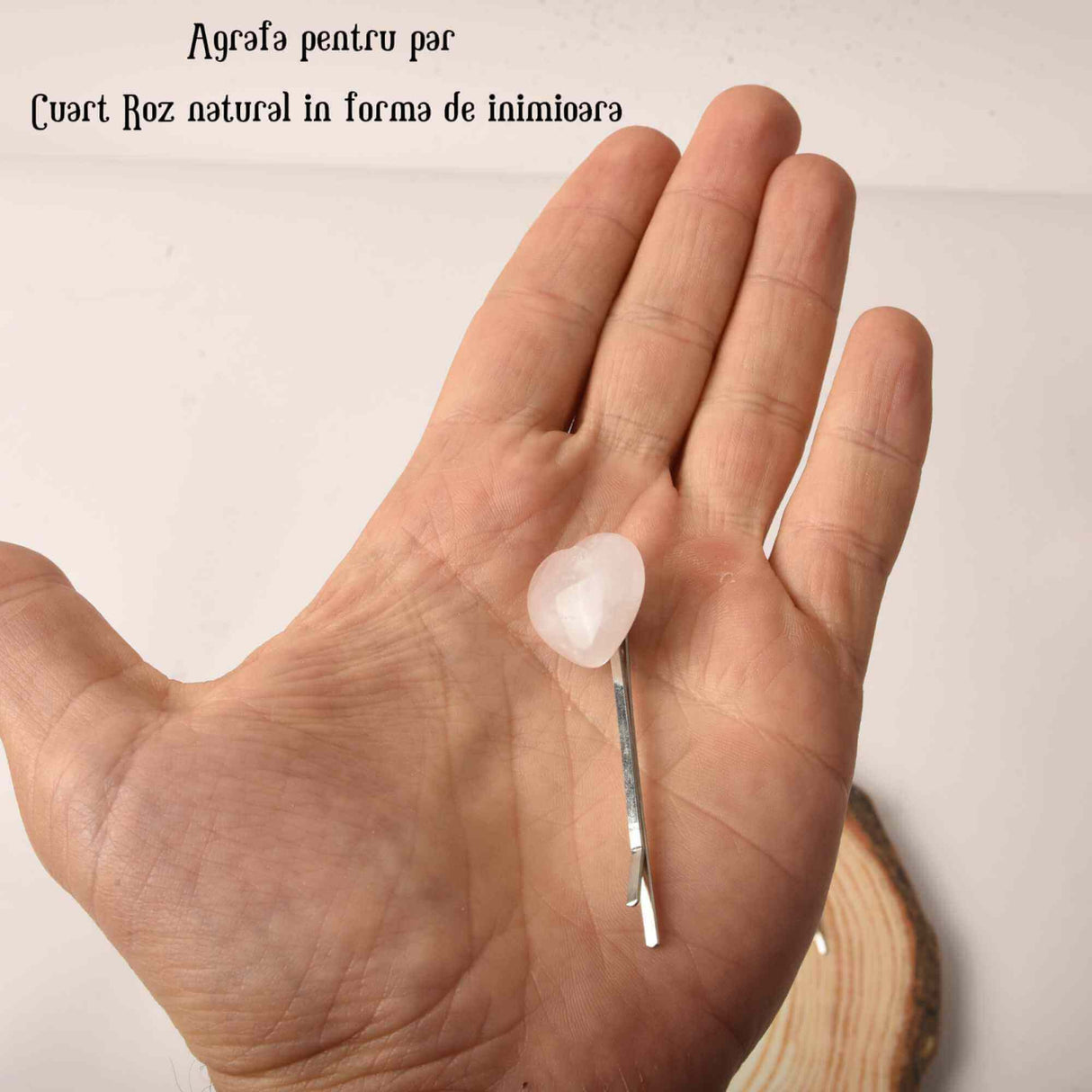 Agrafa de Par cu Inimioara din Cuart Roz