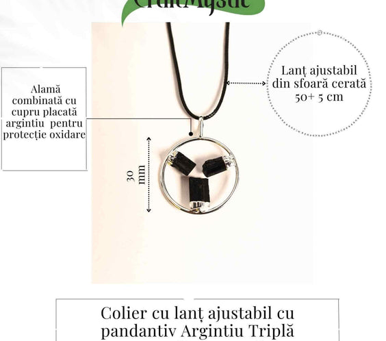 Colier cu pandantiv rotund si 3 pietre naturale de turmalina neagra – Protectie si Energie