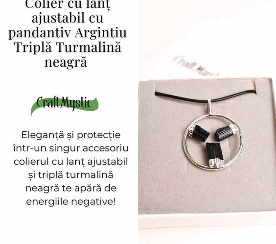 Colier cu pandantiv rotund si 3 pietre naturale de turmalina neagra – Protectie si Energie