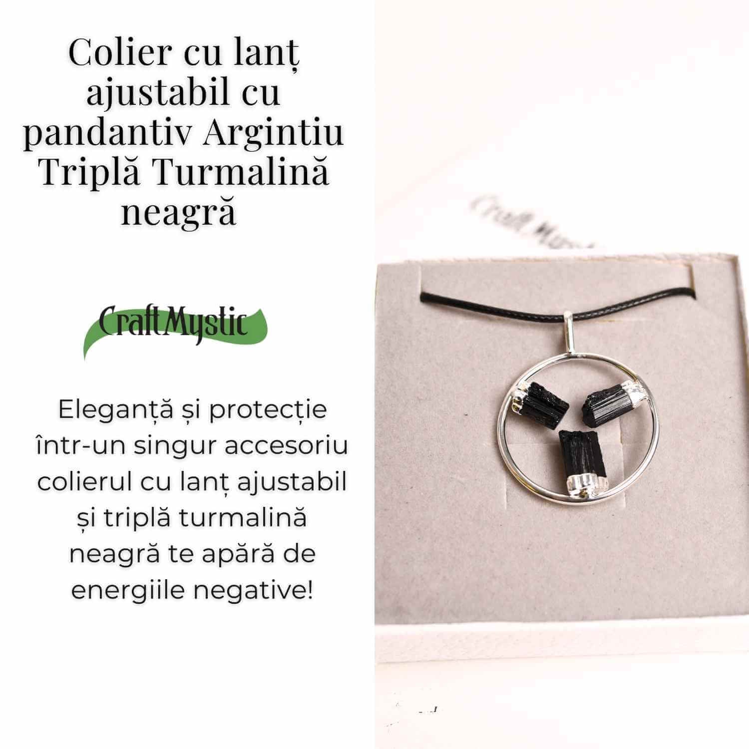 Colier cu pandantiv rotund si 3 pietre naturale de turmalina neagra – Protectie si Energie