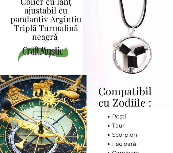 Colier cu pandantiv rotund si 3 pietre naturale de turmalina neagra – Protectie si Energie