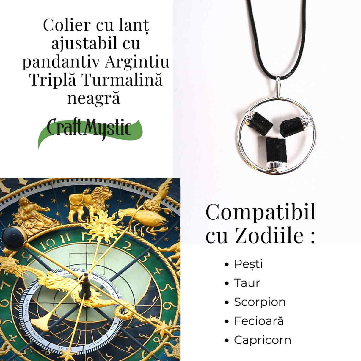 Colier cu pandantiv rotund si 3 pietre naturale de turmalina neagra – Protectie si Energie