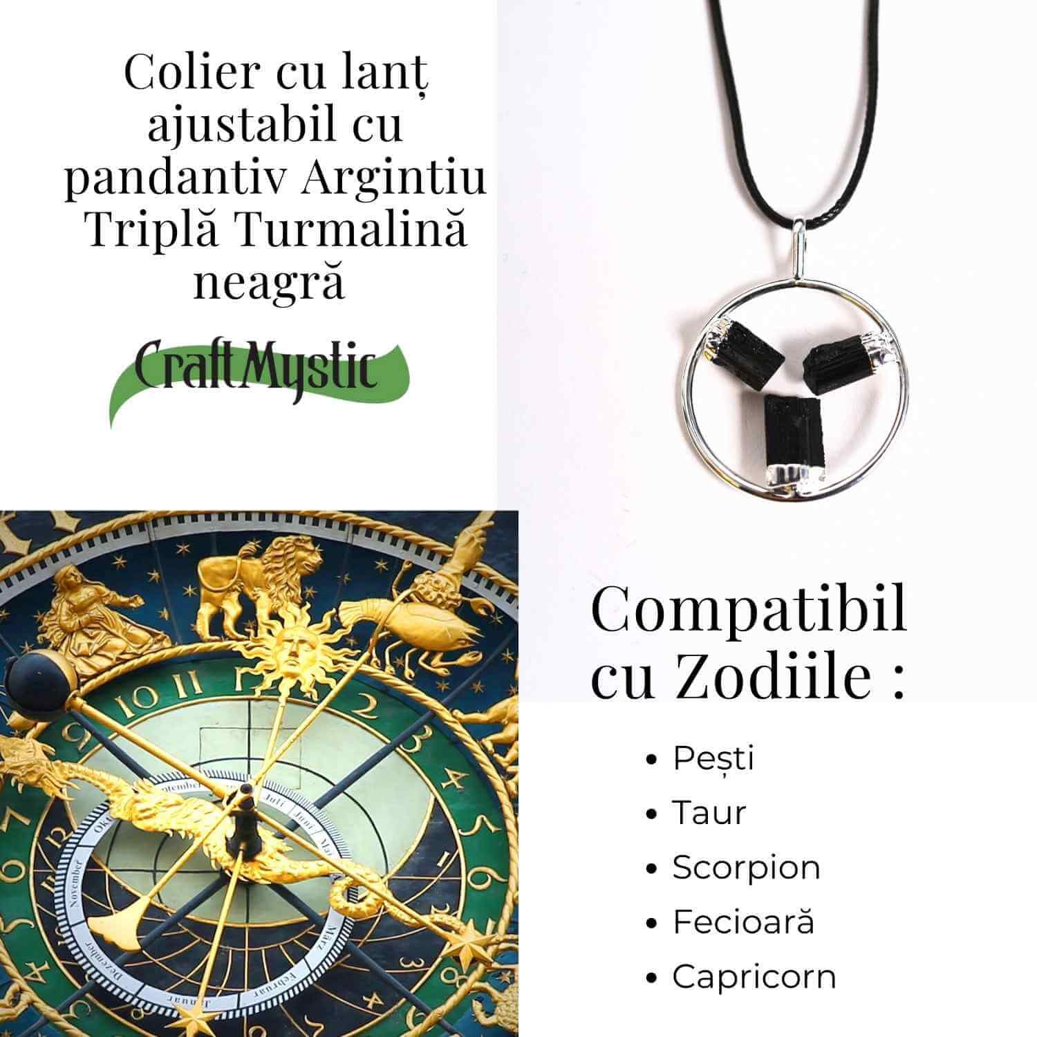 Colier cu pandantiv rotund si 3 pietre naturale de turmalina neagra – Protectie si Energie