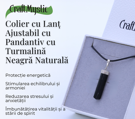 Colier Ajustabil cu Pandantiv din Turmalina neagra subtire 3-4 cm Argintiu
