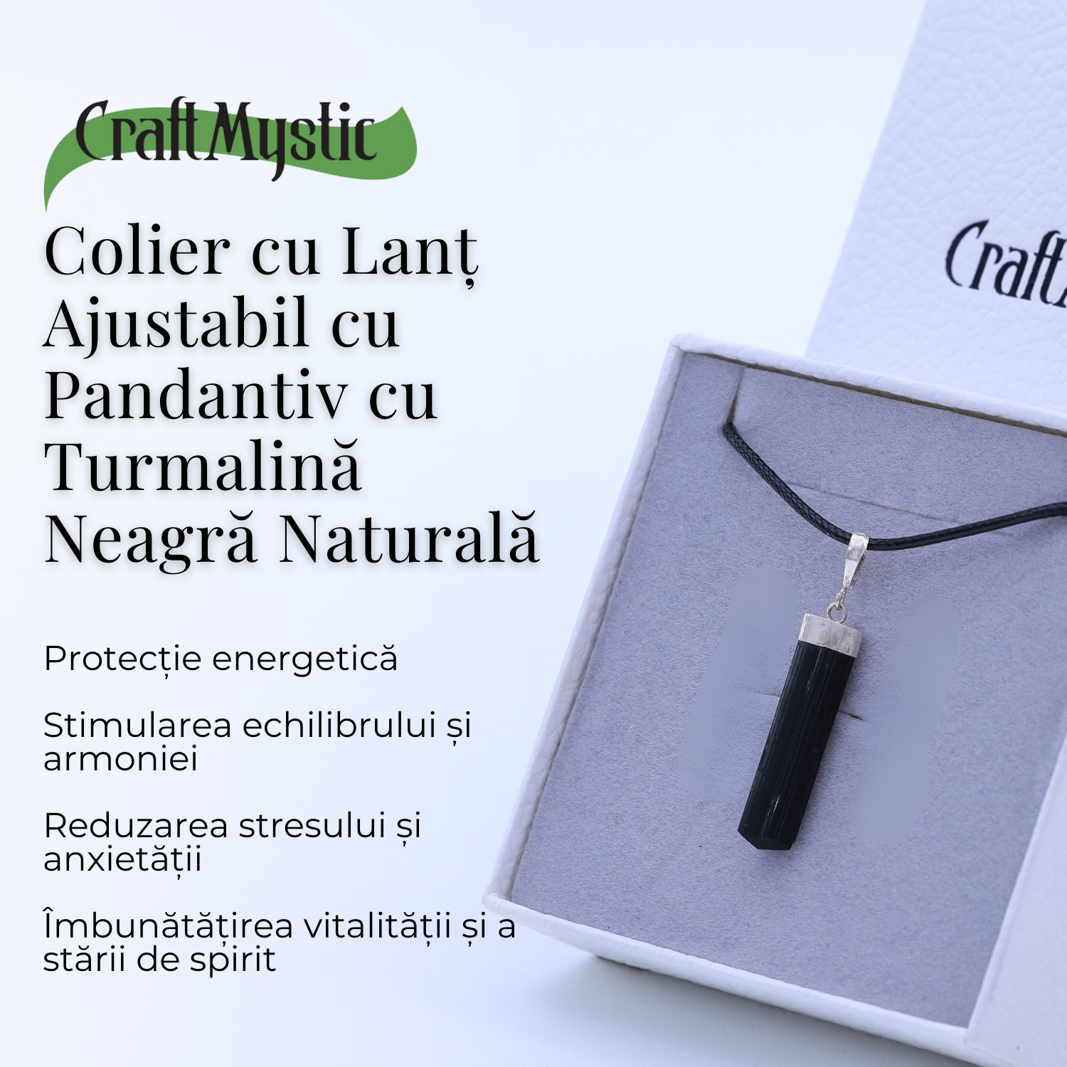 Colier Ajustabil cu Pandantiv din Turmalina neagra subtire 3-4 cm Argintiu