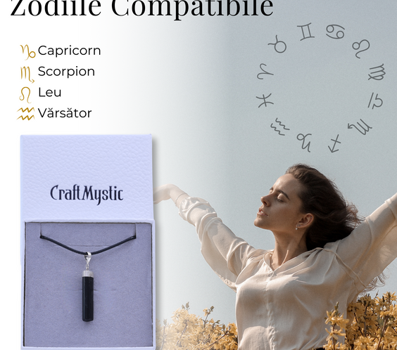 Colier Ajustabil cu Pandantiv din Turmalina neagra subtire 3-4 cm Argintiu