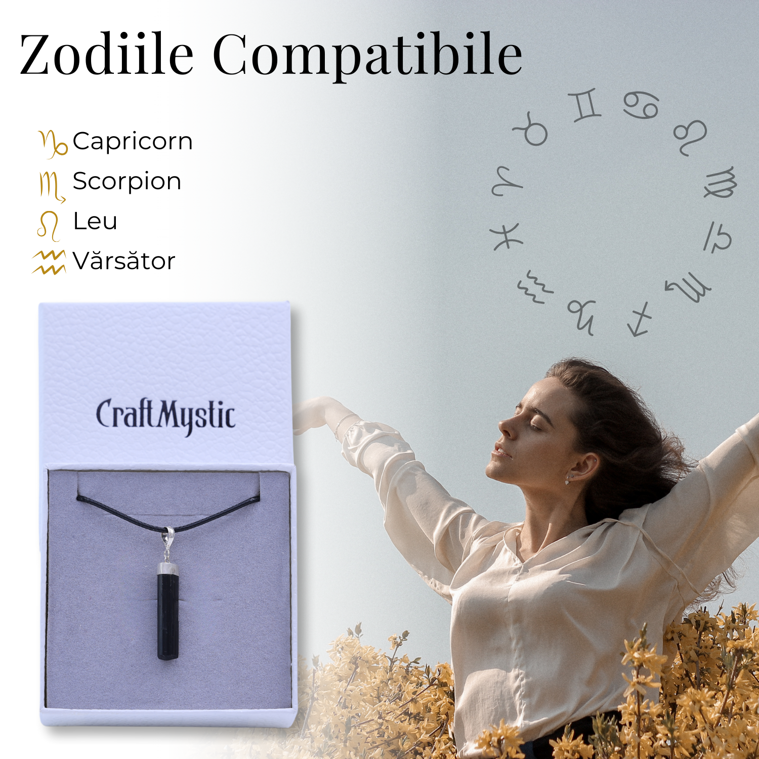 Colier Ajustabil cu Pandantiv din Turmalina neagra subtire 3-4 cm Argintiu