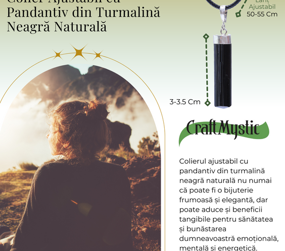 Colier Ajustabil cu Pandantiv din Turmalina neagra subtire 3-4 cm Argintiu