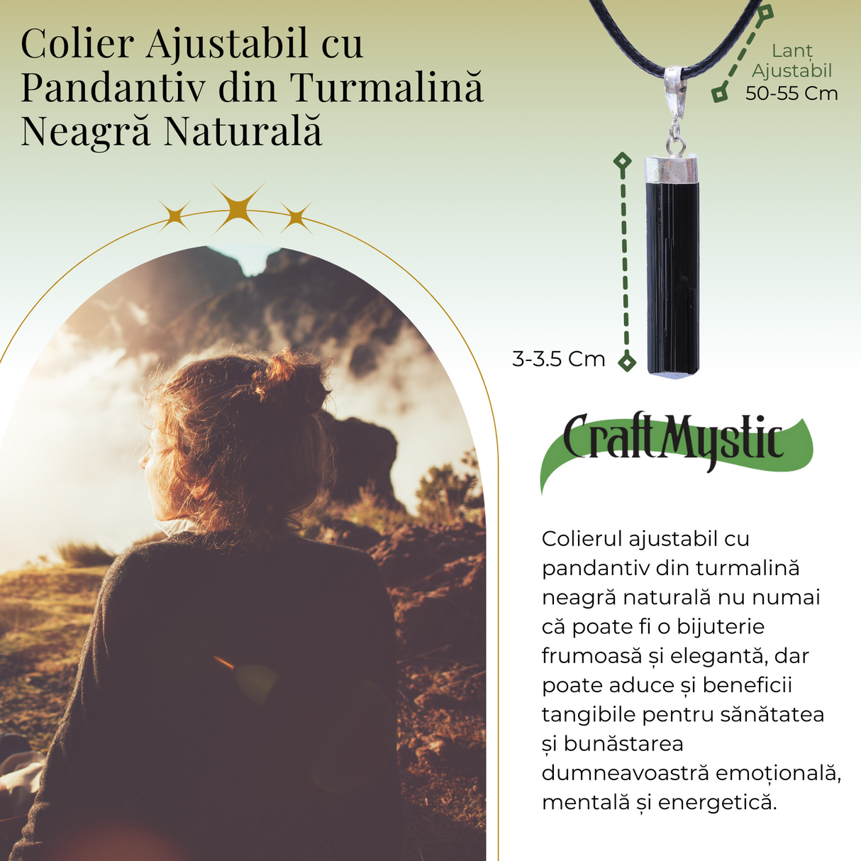 Colier Ajustabil cu Pandantiv din Turmalina neagra subtire 3-4 cm Argintiu