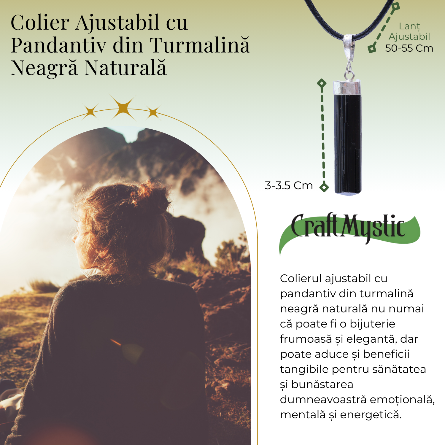 Colier Ajustabil cu Pandantiv din Turmalina neagra subtire 3-4 cm Argintiu