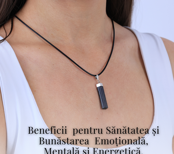 Colier Ajustabil cu Pandantiv din Turmalina neagra subtire 3-4 cm Argintiu