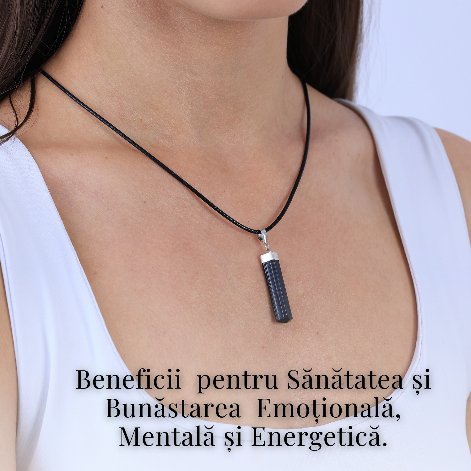 Colier Ajustabil cu Pandantiv din Turmalina neagra subtire 3-4 cm Argintiu