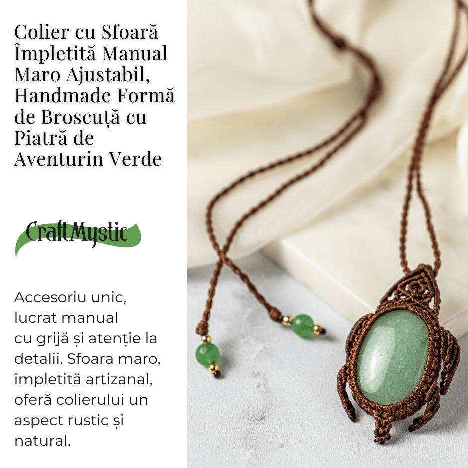 Colier Ajustabil Handmade cu Cristal de Aventurin Verde in Broscuta Impletita