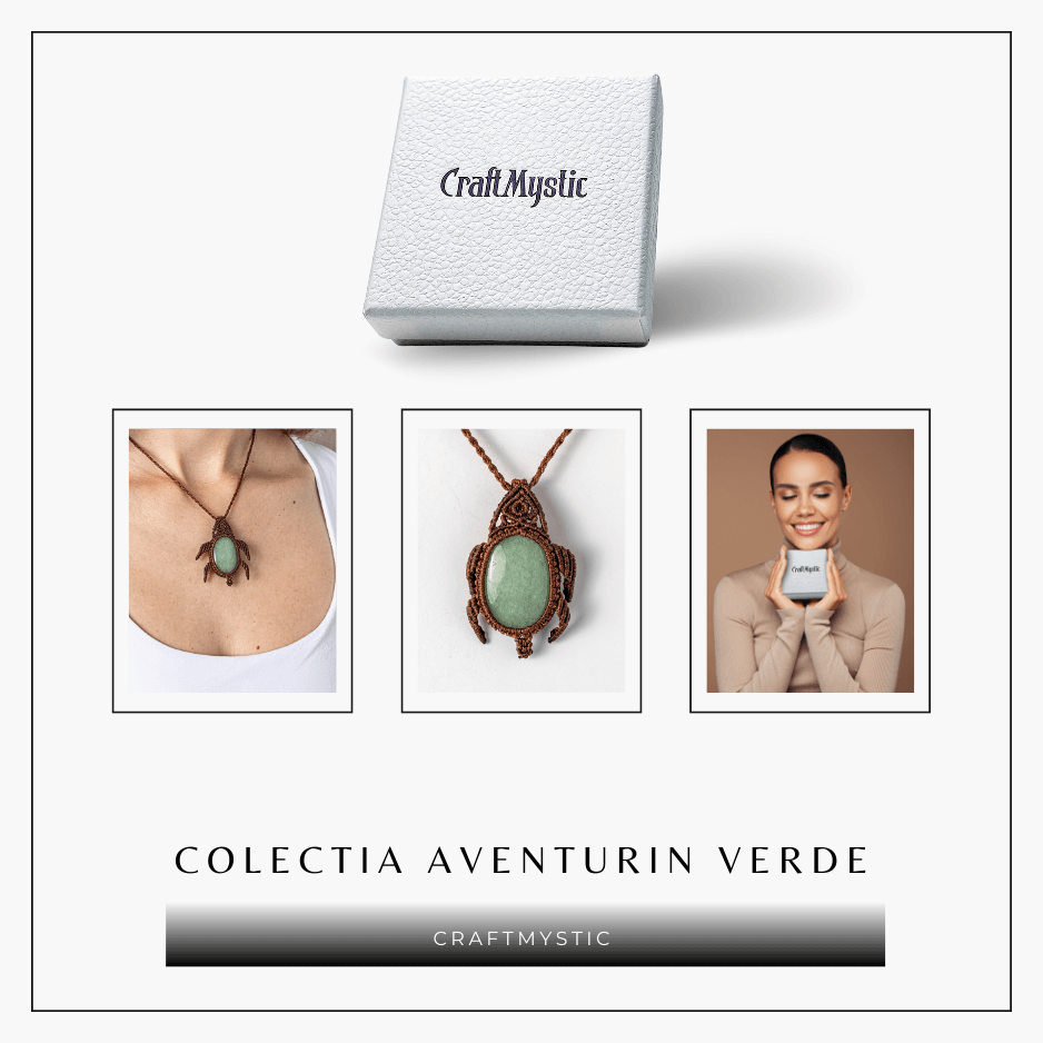 Colier Ajustabil Handmade cu Cristal de Aventurin Verde in Broscuta Impletita