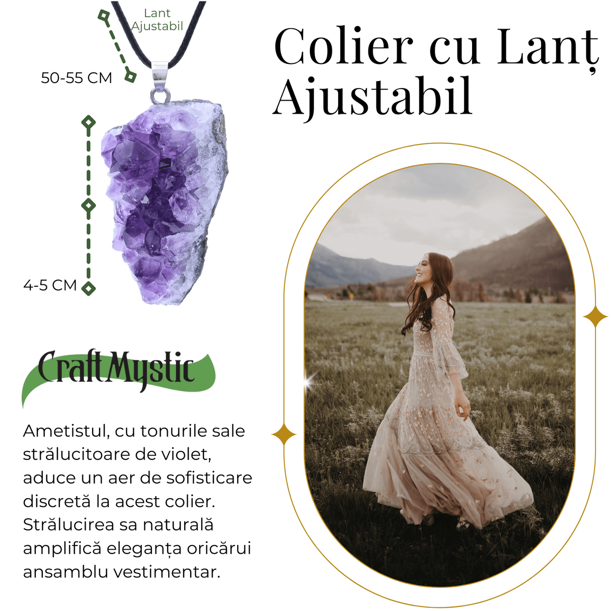 Colier ajustabil cu pandantiv Ametist brut cluster neregulat, calm si claritate