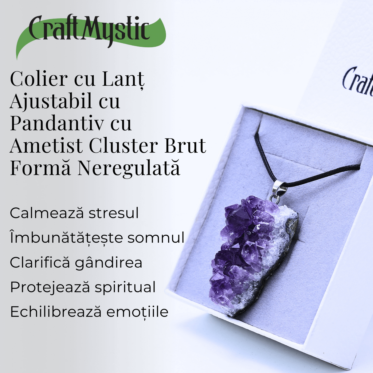 Colier ajustabil cu pandantiv Ametist brut cluster neregulat, calm si claritate
