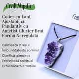 Colier ajustabil cu pandantiv Ametist brut cluster neregulat, calm si claritate