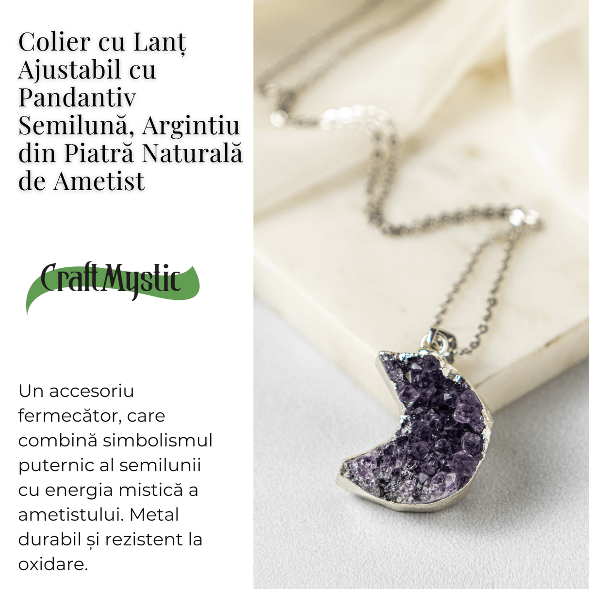 Colier Argintiu cu Ametist Druzy Semiluna – Claritate si Echilibru