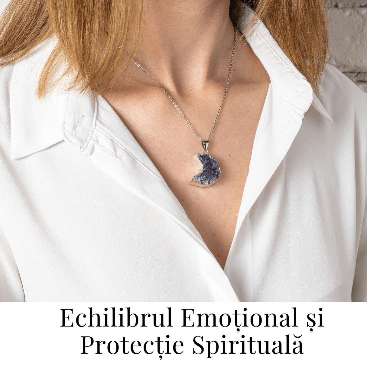 Colier Argintiu cu Ametist Druzy Semiluna – Claritate si Echilibru