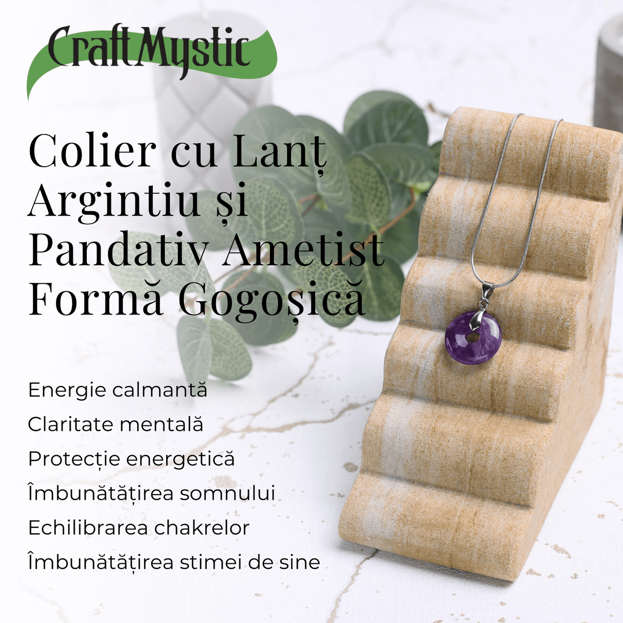 Colier cu Lant Argintiu si Pandantiv Ametist in Forma de Gogosica, Lungime Totala 50 cm, Diametru Pandantiv 20 mm