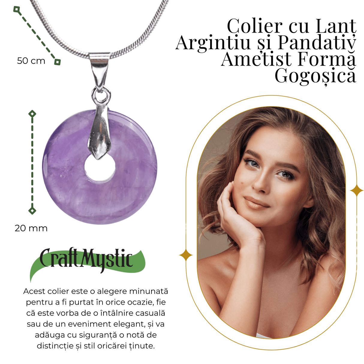 Colier cu Lant Argintiu si Pandantiv Ametist in Forma de Gogosica, Lungime Totala 50 cm, Diametru Pandantiv 20 mm
