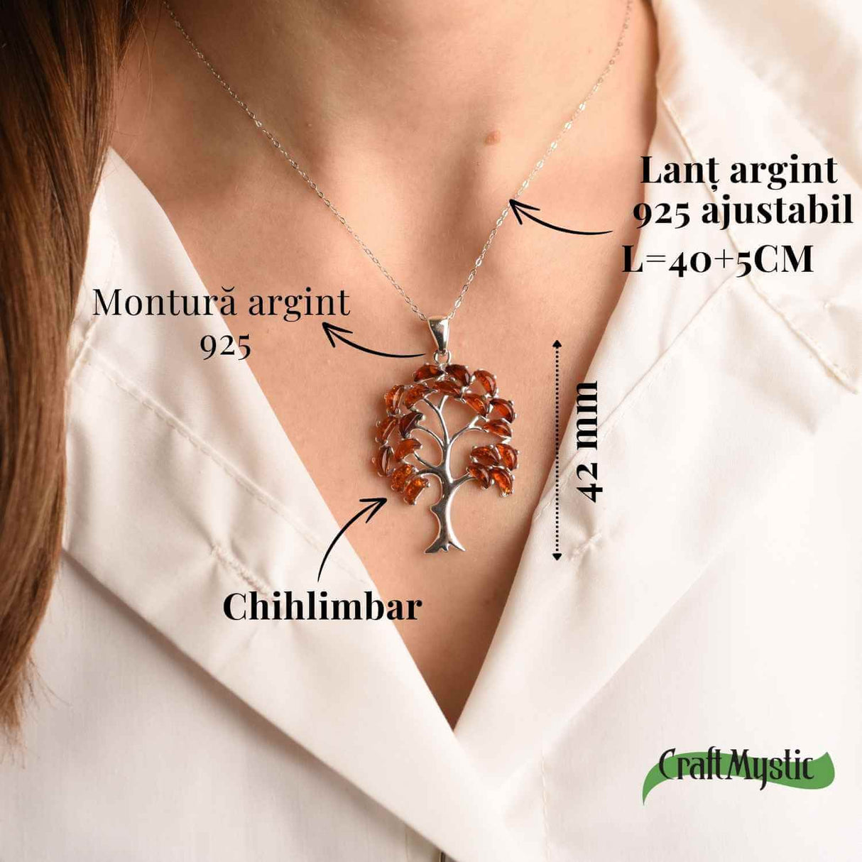 Colier argint 925 cu chihlimbar natural - simbolul copacului vietii