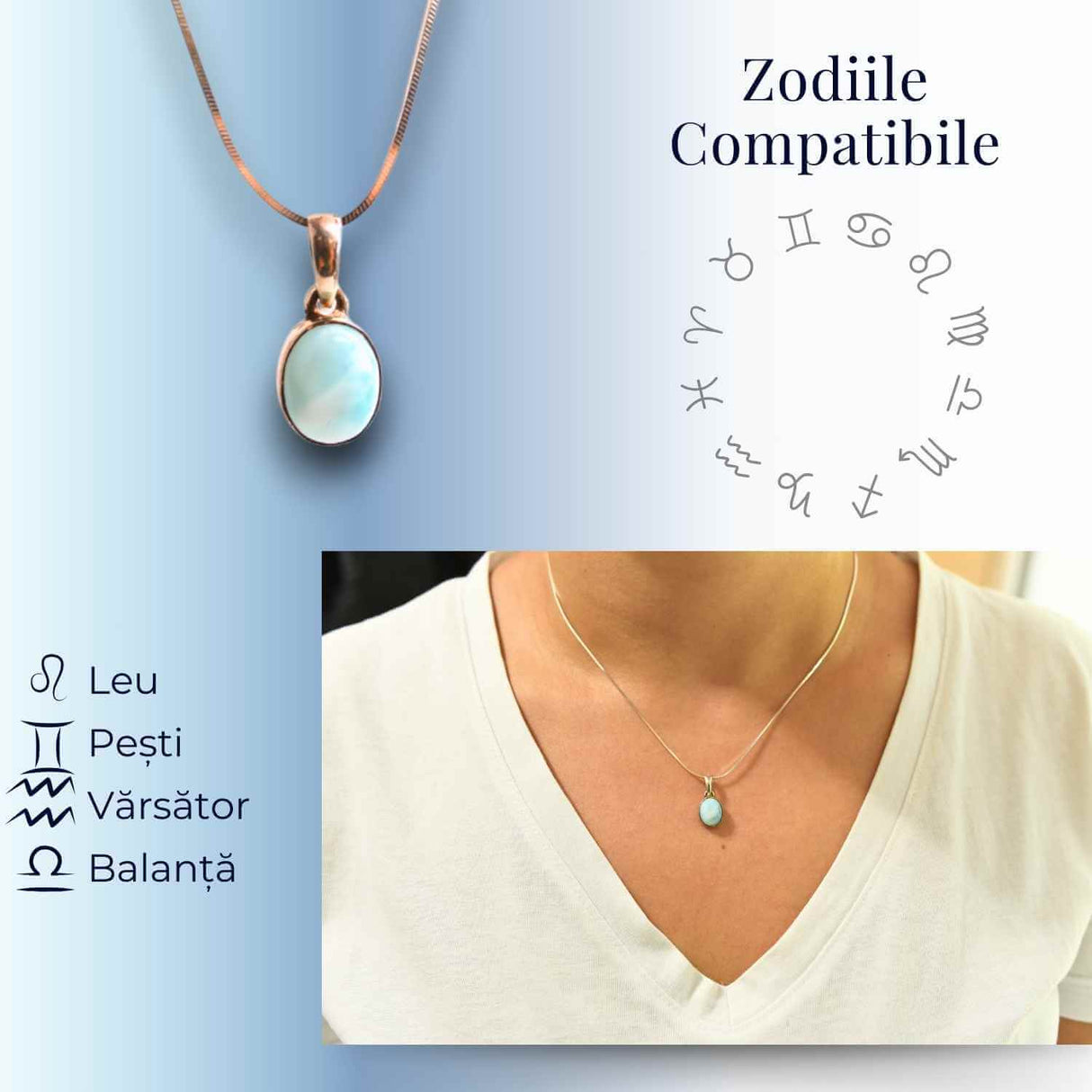 Colier argint 925 cu piatra Larimar pentru calm si claritate