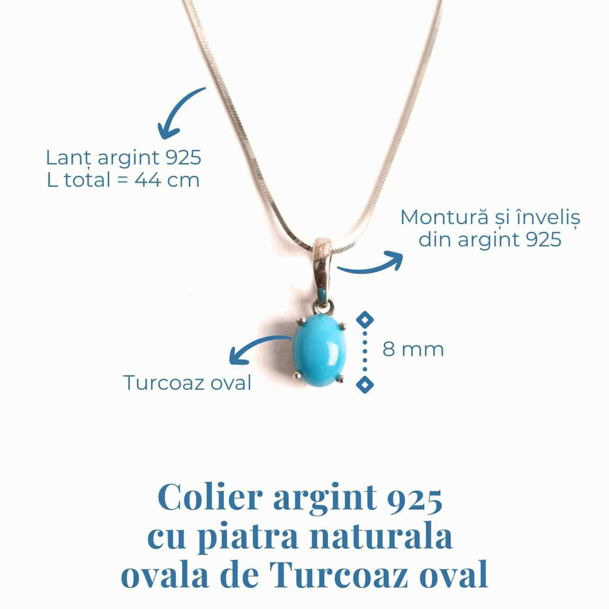 Colier din argint 925 cu turcoaz natural oval – Protectie si Echilibru