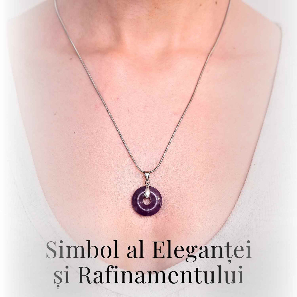 Colier Argintiu cu Ametist Forma Pi - Calm și Spiritualitate, Lungime Totala 50 cm, Diametru Pandantiv 20 mm
