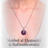 Colier Argintiu cu Ametist Forma Pi - Calm și Spiritualitate, Lungime Totala 50 cm, Diametru Pandantiv 20 mm