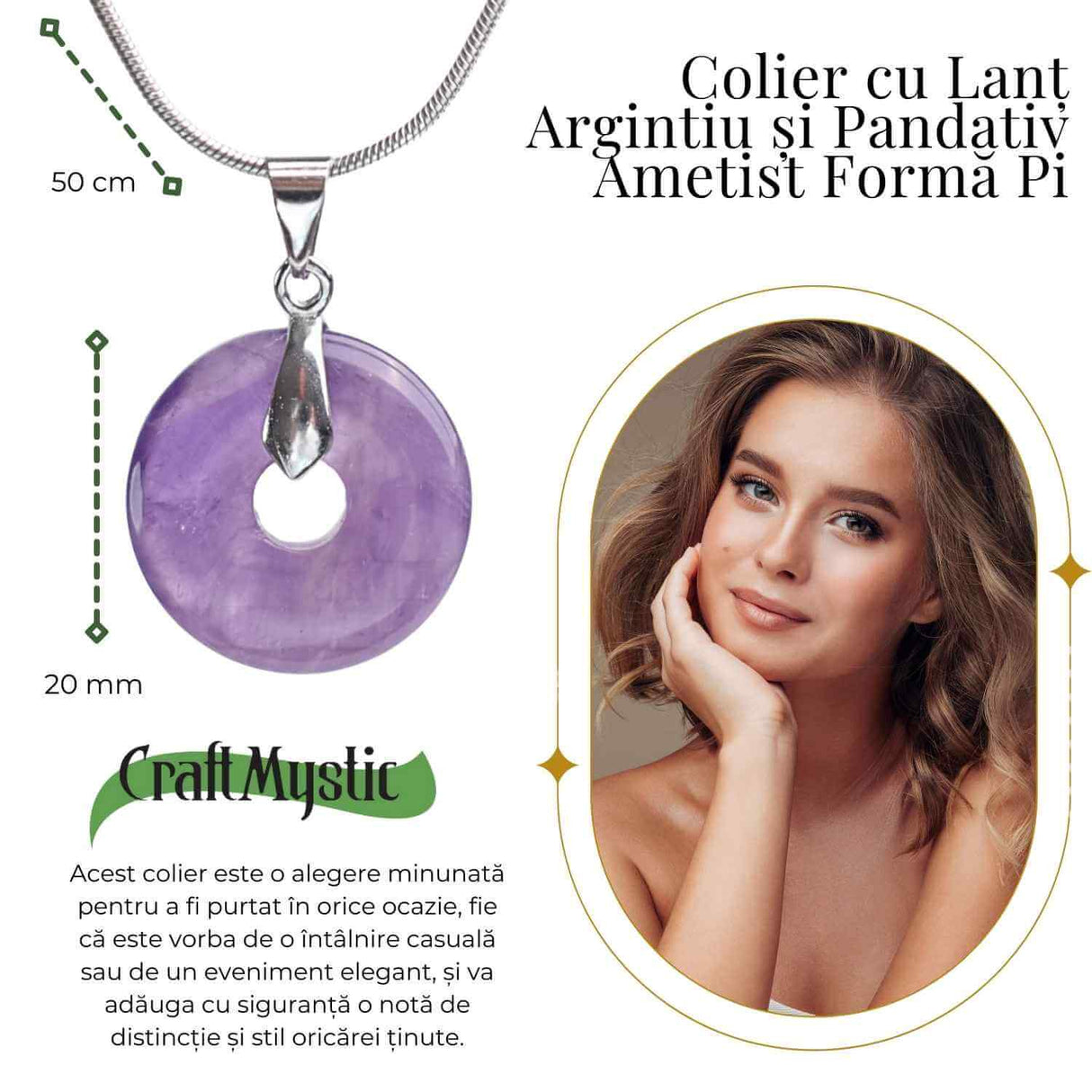 Colier Argintiu cu Ametist Forma Pi - Calm și Spiritualitate, Lungime Totala 50 cm, Diametru Pandantiv 20 mm