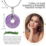 Colier Argintiu cu Ametist Forma Pi - Calm și Spiritualitate, Lungime Totala 50 cm, Diametru Pandantiv 20 mm