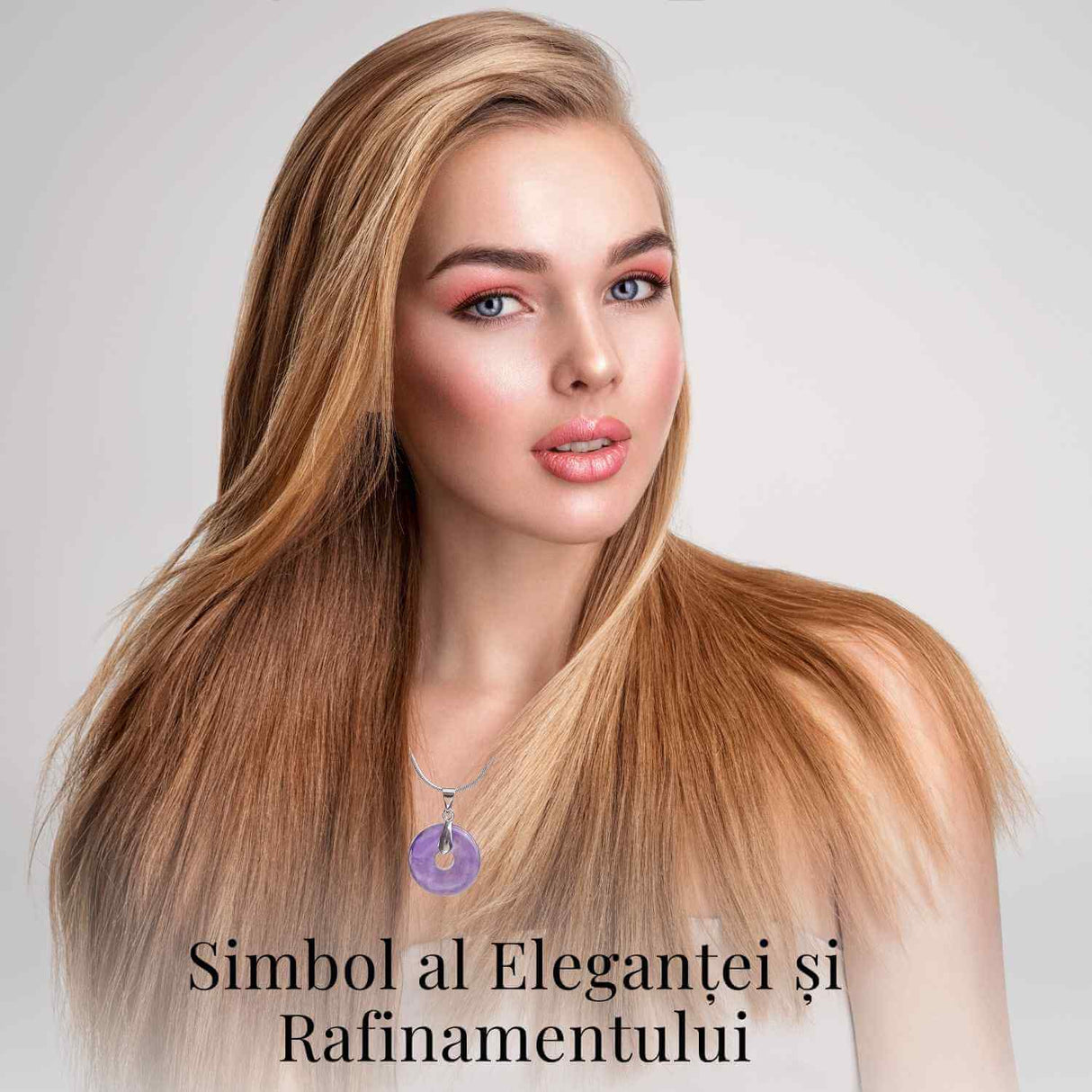 Colier Argintiu cu Ametist Forma Pi - Calm și Spiritualitate, Lungime Totala 50 cm, Diametru Pandantiv 20 mm