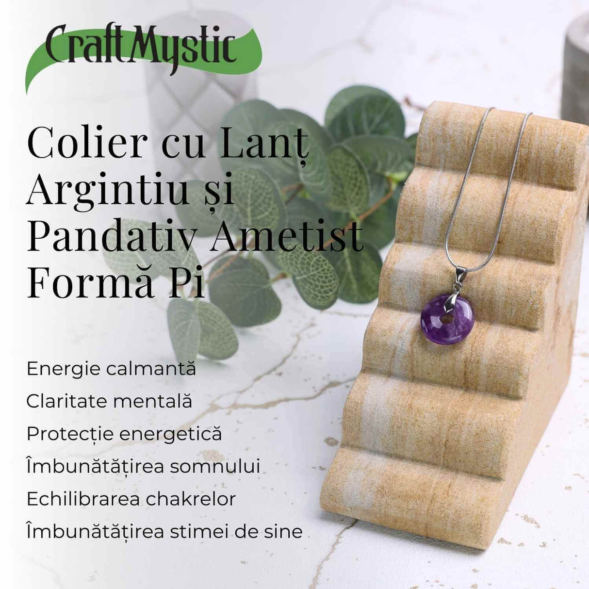 Colier Argintiu cu Ametist Forma Pi - Calm și Spiritualitate, Lungime Totala 50 cm, Diametru Pandantiv 20 mm