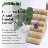 Colier Argintiu cu Ametist Forma Pi - Calm și Spiritualitate, Lungime Totala 50 cm, Diametru Pandantiv 20 mm