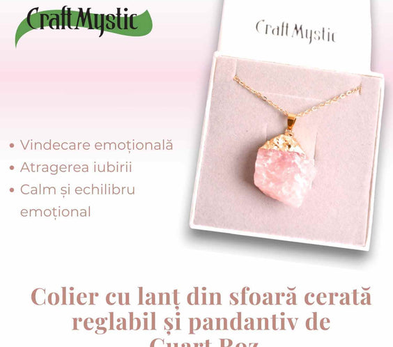 Colier auriu ajustabil cu pandantiv din Cuart Roz brut – Vindecare și Iubire