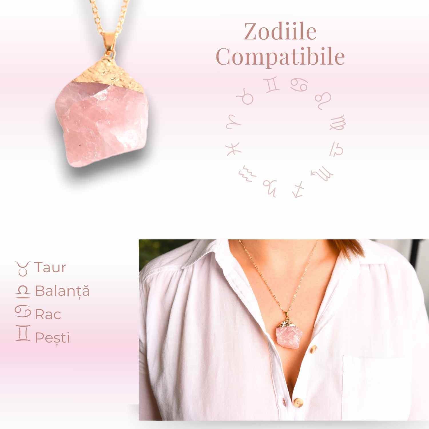 Colier auriu ajustabil cu pandantiv din Cuart Roz brut – Vindecare și Iubire